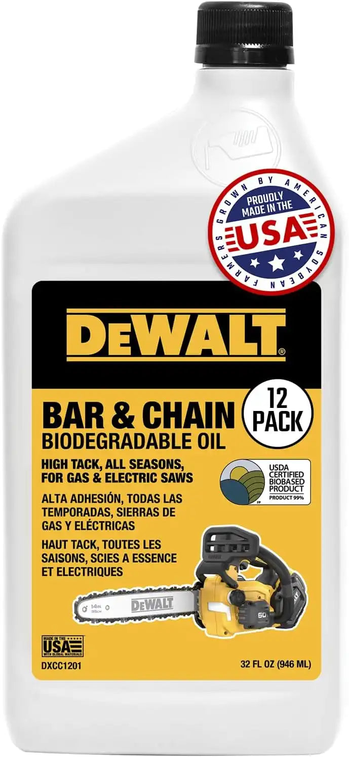 DEWALT – Biodegradable Bar & Chain Oil – Green, Eco-Friendly, Non-Toxic Professional Bar & Chainsaw Lubricant – Ultraclean All-Season Oil for Gas, Electric Saw, and Pole Saw, 32 oz (Case of 12)