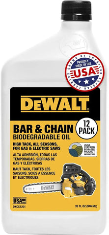 DEWALT – Biodegradable Bar & Chain Oil – Green, Eco-Friendly, Non-Toxic Professional Bar & Chainsaw Lubricant – Ultraclean All-Season Oil for Gas, Electric Saw, and Pole Saw, 32 oz (Case of 12)