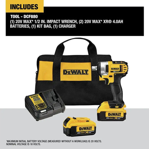 DEWALT DCF880M2 20-volt MAX Lithium Ion 1/2-Inch Impact Wrench Kit with Detent Pin, Yellow