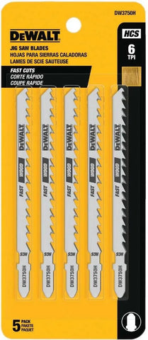 DEWALT DW3750H 4-Inch 6 TPI Fast Wood Cut HCS T-Shank Jig Saw Blade (5-Pack),Silver