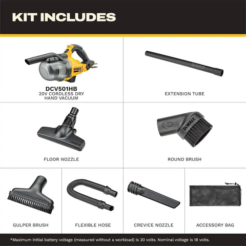 DEWALT 20V Handheld Vacuum Cordless, Car Vacuum with HEPA Filter, 6 Attachments and LED Light, High Performance Dry Only Small Shop Vac, Battery Not Included (DCV501HB)