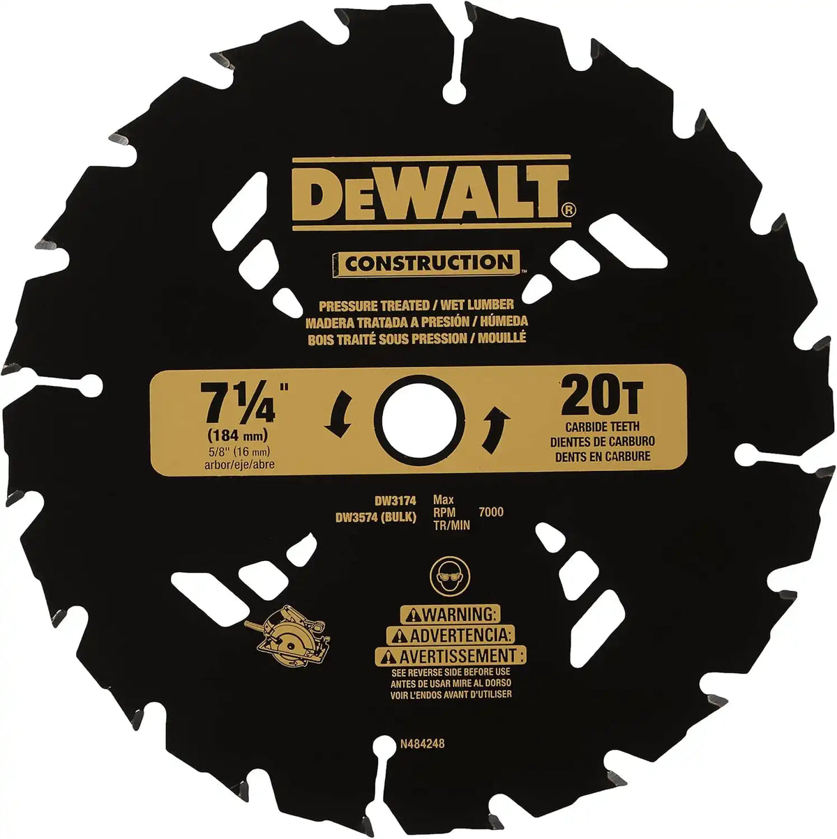 DEWALT 7-1/4" Circular Saw Blade for Pressure Treated and Wet Lumber, ATB, Thin Kerf, 5/8" and Arbor, 20-Tooth (DW3174) , Black