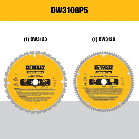 DEWALT 12-Inch Miter Saw Blade, Crosscutting, Tungsten Carbide, 80-Tooth and 32-Tooth, 2-Pack (DW3128P5, DW3123), yellow