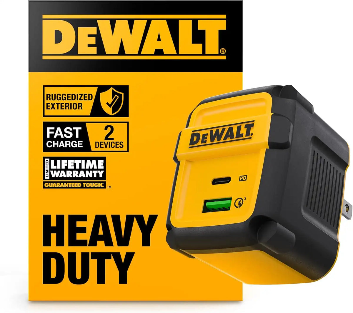 DEWALT Heavy Duty 49.5W Dual USB & USB C Charger Block (Cable Not Included), USBC Power Adapter, 2 Port Compact Foldable Fast Wall Charger for iPhone 17/16/15/14 Galaxy Pixel 4/3 iPad - Black & Yellow