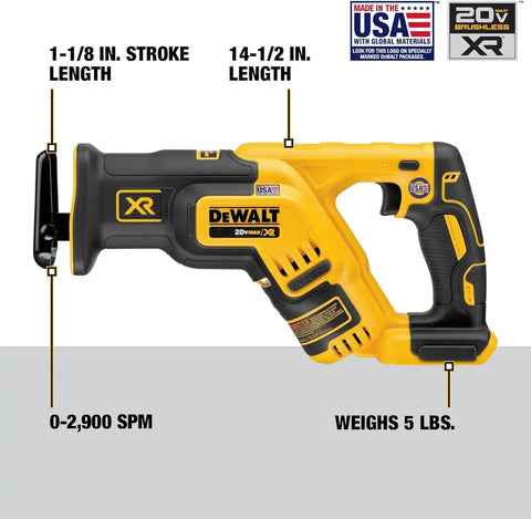 DEWALT 20V MAX XR Reciprocating Saw Cordless, Brushless, Compact,Variable Speed, Pivoting Head, LED Light, Tool Only (DCS367B)