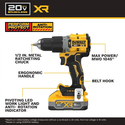 DEWALT 20V MAX XR 1/2 in. Brushless Cordless Hammer Drill Kit With 5AH Battery and Charger (DCD806H1)