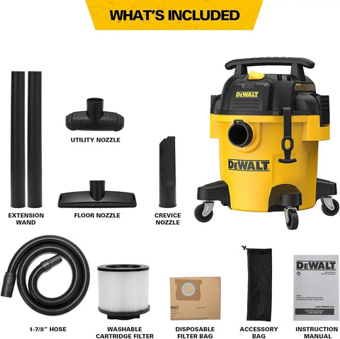 DEWALT DXV05P 5 Gallon Poly Wet/Dry Vac, 4 Peak HP Shop Vacuums with Attachments, Powerful Suction, 1-7/8" Hose, DXV05P, Yellow