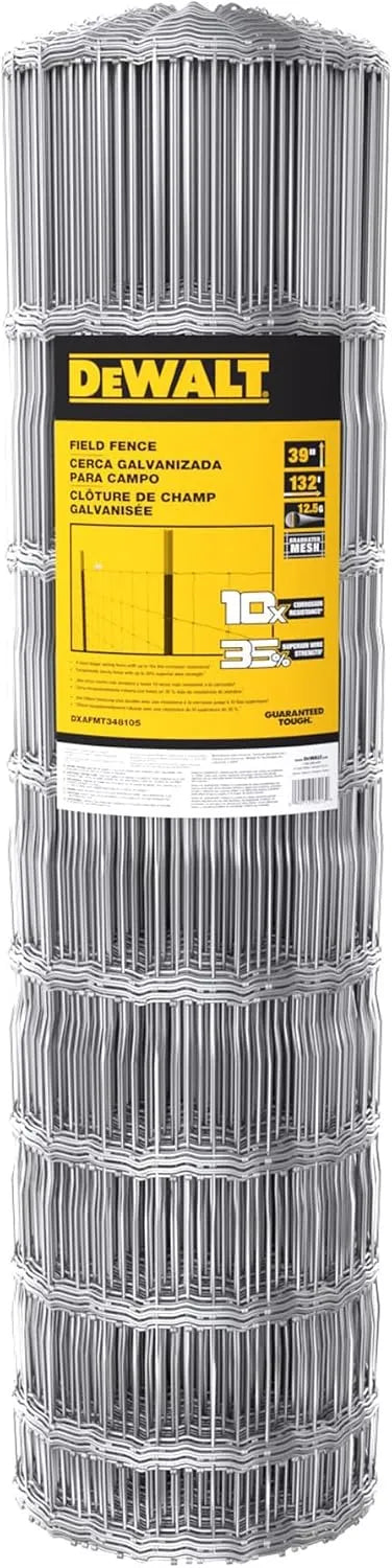 DeWALT – Field Fence with Graduated Mesh – 39 in. x 132 ft. 12.5‑Gauge Galvanized Steel – for Livestock Containment | Farm Fencing | Property Protection | Pasture Enclosures