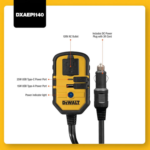 DEWALT DXAEPI140 Power Inverter 140W Car Converter: 12V DC to 120V AC Power Outlet with 25W USB Type C and 15W USB Type A Ports