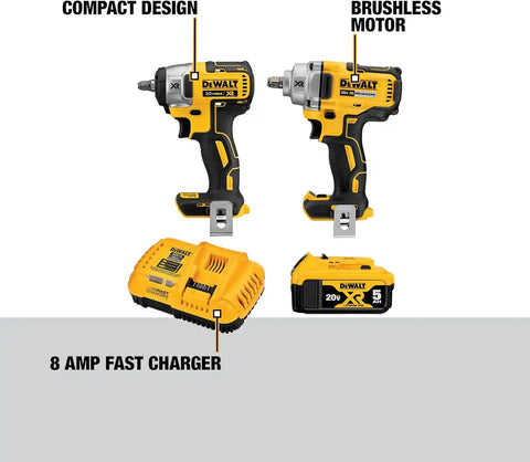 DEWALT 20V MAX Impact Wrench, Cordless 2-Tool Combo Kit, 1/2-Inch Mid-Range and 3/8-inch Compact with 5ah Battery and Charger (DCK205P1)