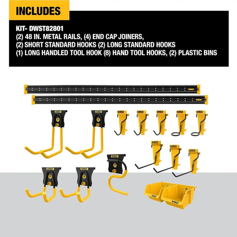 DEWALT Tool Organizer, 21 Piece Accessory Starter Kit, Includes 2 Metal Rails, 13 Hooks, and 2 Plastic Bins, DEWALT Workshop Storage System Compatible (DWST82801)