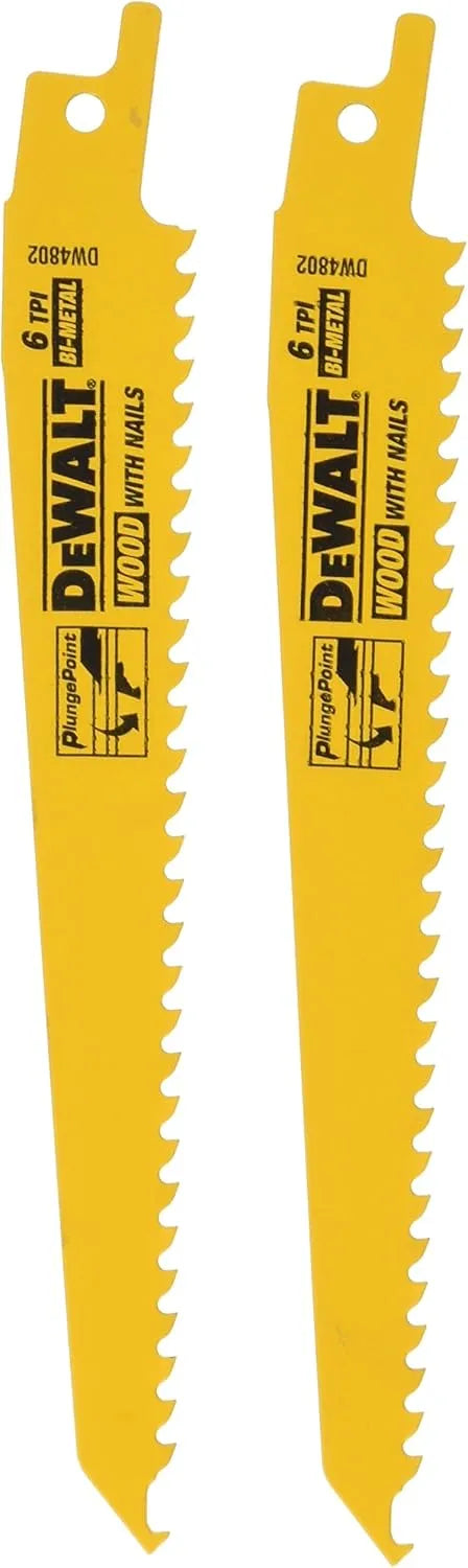 DEWALT DW4802-2 6-Inch 6 TPI Taper Back Bi-Metal Reciprocating Saw Blade (2-Pack) , Yellow
