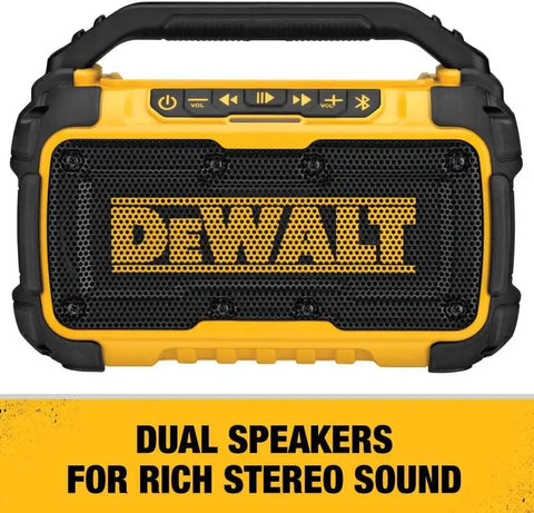 DEWALT 20V MAX Bluetooth Speaker, 100 ft Range, Durable for Jobsites, Phone Holder Included, Lasts 8-10 Hours with Single Charge (DCR010), Black Yellow