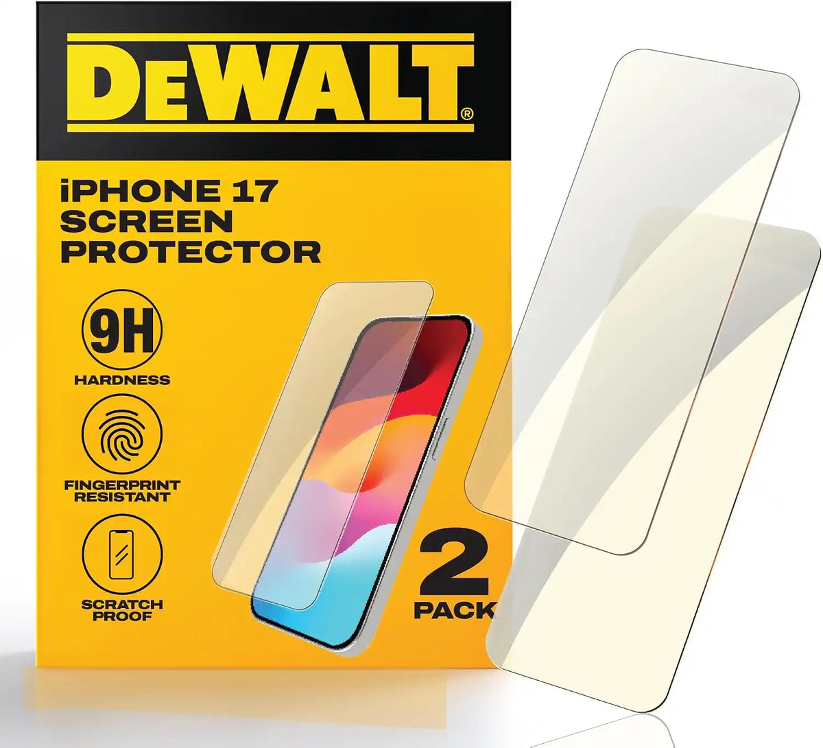 DEWALT Heavy Duty Glass Screen Protector Compatible with iPhone 17, 2 Pack Protective Tempered Glass Screen Shield, Oleophobic Case Friendly, Perfect Install Tool Included, HD Clear