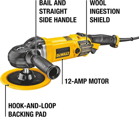 DEWALT Buffer Polisher, 7-in-9-in, 12 amp, Variable Speed Dial 0-3,500 RPM’s, Soft Start Corded Car Buffer (DWP849X)