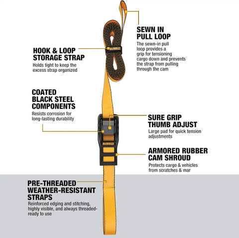 DEWALT DXBC90046 Black/Yellow 1.25" x 14’ Premium Lashing Straps - 670 LBS Safe Working Load / 2,000 LBS Break Strength, 2 Pack