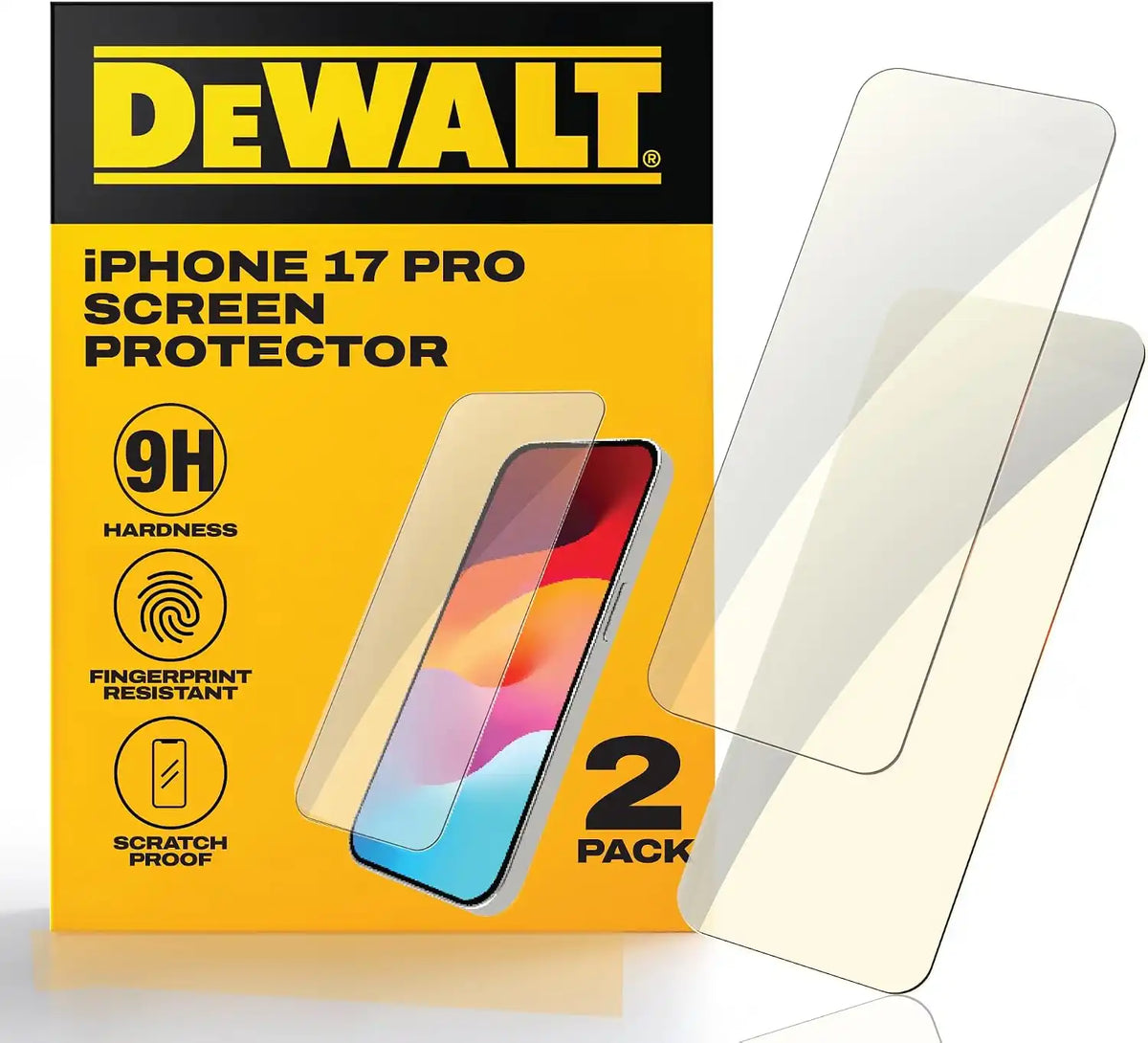 DEWALT Heavy Duty Glass Screen Protector Compatible with iPhone 17 Pro, 2 Pack Protective Tempered Glass Screen Shield, Oleophobic Case Friendly, Perfect Install Tool Included, HD Clear