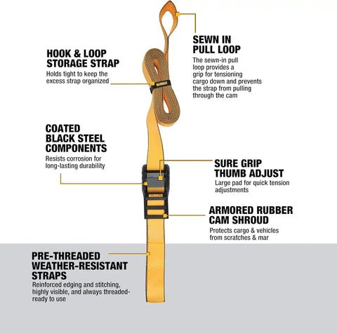 DEWALT DXBC90047 Black/Yellow 2” x 16’ Premium Lashing Straps - 1,000 LBS Safe Working Load / 3,000 LBS Break Strength, 2 Pack