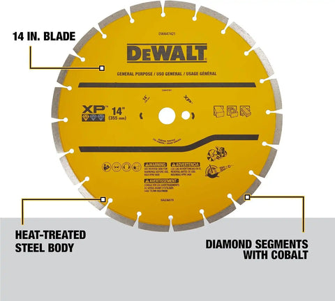 DEWALT 14 in Circular Saw Blade, Dry Wet, Segmented Rim Diamond Blade, 1 in Arbor Size, Extended Performance (DWA47421)