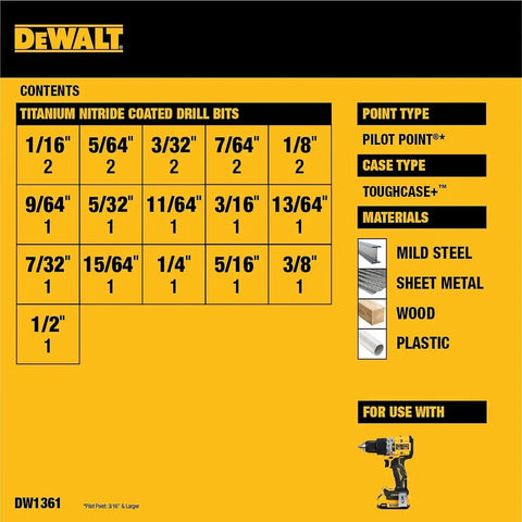 DEWALT Drill Bit Set, 21 Pc. Titanium Nitride Coated Pilot Point DEWALT Bit Set with Case for Wood, Metal and Plastic (DW1361)