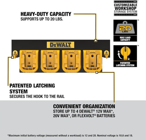 DEWALT Battery Organizer, Holds up to 4 Batteries, Mount Rail, Workshop Storage System Compatible (DWST82819)