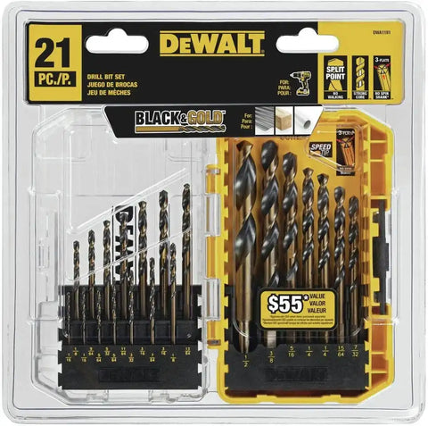 DEWALT Drill Bit Set, 21 Pc High Speed Steel DEWALT Bits, Black and Gold Oxide Coated, 135 Degree Split Point, 31 Degree Helix (DWA1181)