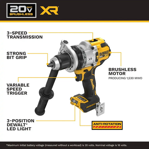 DEWALT 20V MAX XR 1/2 Inch Brushless Cordless Hammer Drill Kit with 8AH Battery and Charger, 3 Speed (DCD1007WW1)