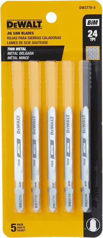 DEWALT - DW3776-5 Jigsaw Blades, Thin Metal Cutting, T-Shank, 3-Inch, 24-TPI, 5-Pack (DW37765)