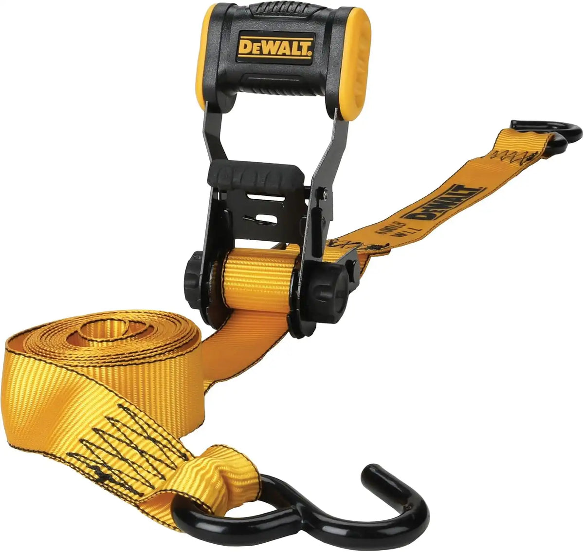 DEWALT DXBC18001 Black/Yellow 1.25" x 12' Ratchet Tie Down Strap - Light-Weight Cargo Hauling (1800 lb Break Strength)