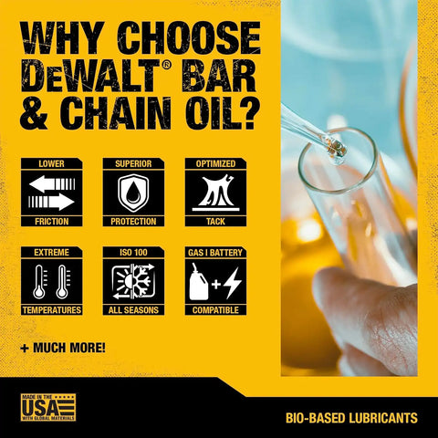 DEWALT – Biodegradable Bar & Chain Oil – Green, Eco-Friendly, Non-Toxic Professional Bar & Chainsaw Lubricant – Ultraclean All-Season Oil for Gas, Electric Saw, and Pole Saw, 32 oz