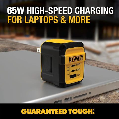 DEWALT Heavy Duty 3 Port Dual USB C Charger Block, USB C Power Adapter GaN Charger (65W), PPS 3-Port Fast Compact Foldable for MacBook Pro/Air iPad Pro Galaxy S23 Dell XPS 13 iPhone 17/16/15