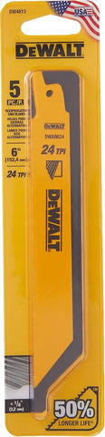 DEWALT Reciprocating Saw Blades, Straight Back, Bi-Metal, 6-Inch 24 TPI, 5-Pack (DW4813)