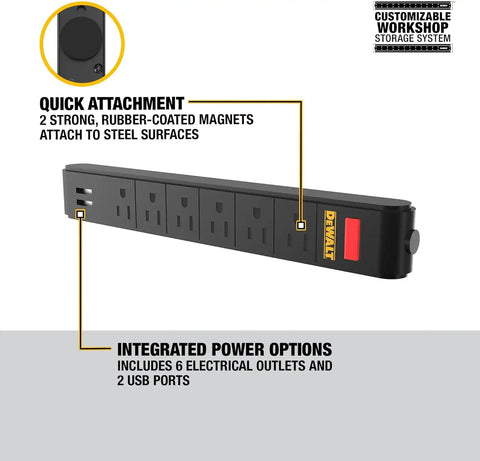 DEWALT Magnetic Power Strip with 6 Power Outlets, DEWALT Workshop Storage System Compatible (DWST82693)