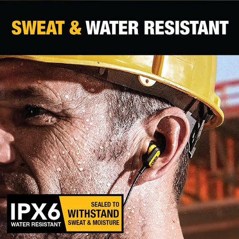 DEWALT Heavy Duty Wired Earphones with Microphone, Jobsite Earbuds Wired 3.5mm, Water-Resistant 3.5mm Earbuds with Mic, Connected Headphones for Outdoor Work