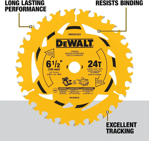 DEWALT 6-1/2 in. 24T Circular Saw Blade, Smooth Cutting, Superior Tracking and Durability (DWA261224)