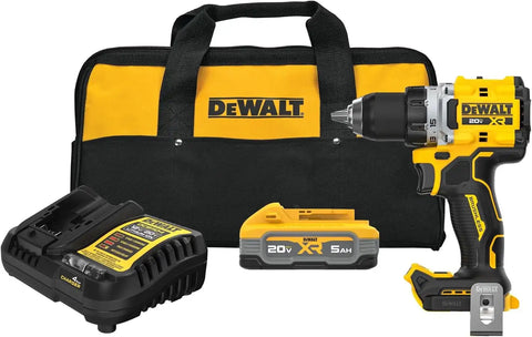 DEWALT Drill Set 20V MAX XR, 1/2 in. Brushless Cordless Drill Driver Kit With 5AH POWERSTACK Battery and Charger, LED Light, Dual Speed (DCD801H1)
