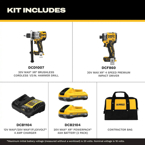 DEWALT 20V MAX XR Brushless Hammer Drill 1/2 In. and High Torque 1/4 Impact Driver Combo with 2 x 4 Ah Batteries and 4 Amp Charger (DCK2112QQ2)