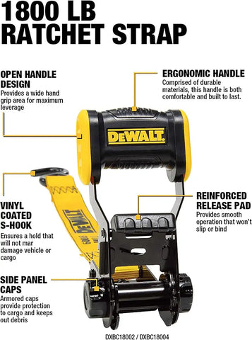 DEWALT DXBC18004-16PK Black/Yellow 1.25" x 12' Ratchet Tie Down Straps - Light-Weight Cargo Hauling (1800 lb Break Strength), 16 Pack