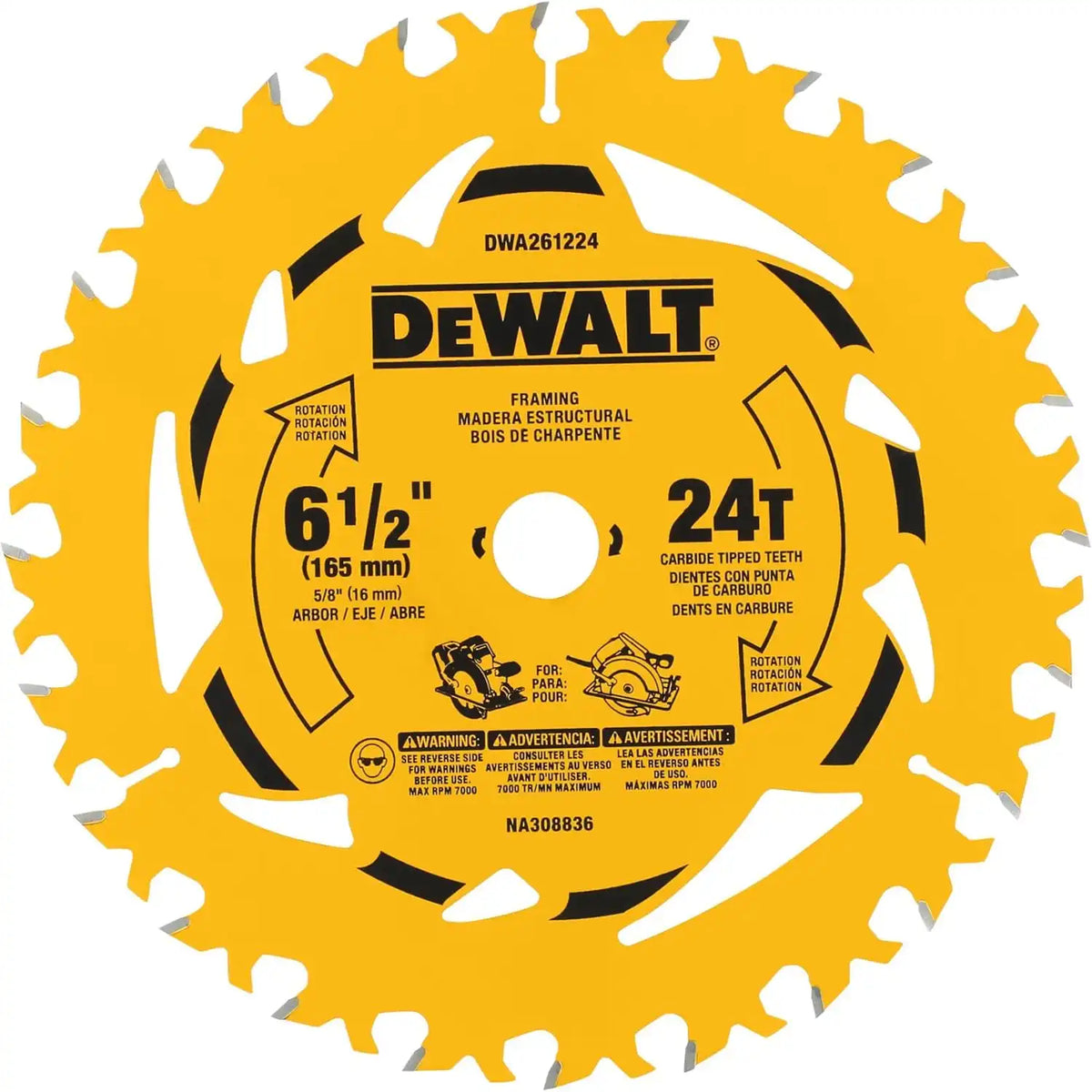 DEWALT 6-1/2 in. 24T Circular Saw Blade, Smooth Cutting, Superior Tracking and Durability (DWA261224)
