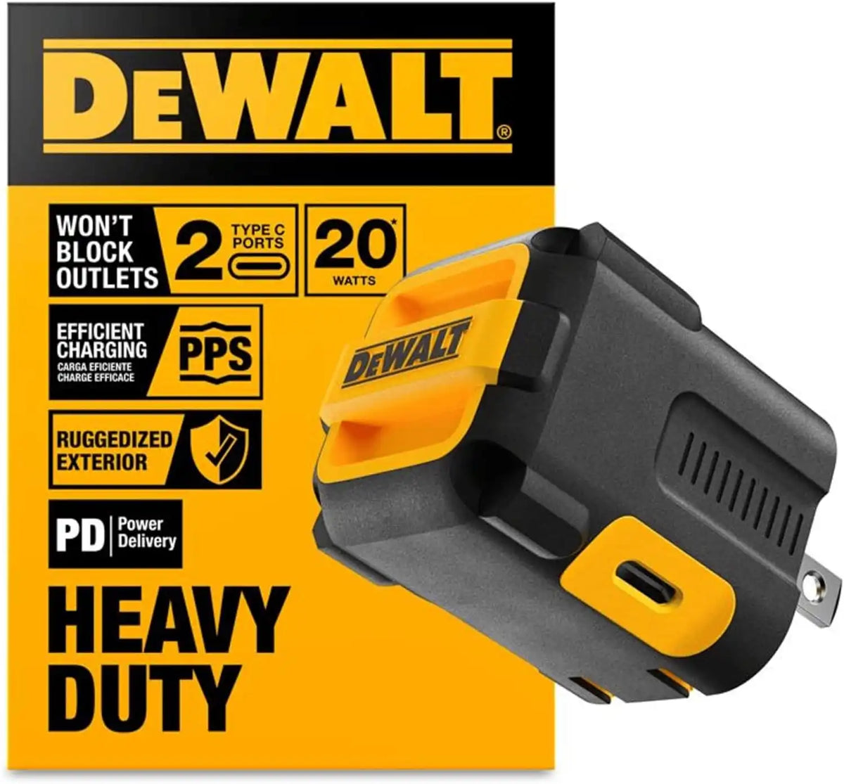 DEWALT Heavy Duty NeverBlock 20W Type C Charger, Dual Port Angled Cube Wall Adapter w/Foldable Plug, Patented Design Fast Charging Block for iPhone 17 16 15 14 13 Pro Max, Samsung Galaxy S24, HTC, LG