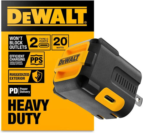 DEWALT Heavy Duty NeverBlock 20W Type C Charger, Dual Port Angled Cube Wall Adapter w/Foldable Plug, Patented Design Fast Charging Block for iPhone 17 16 15 14 13 Pro Max, Samsung Galaxy S24, HTC, LG