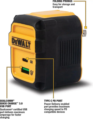 DEWALT Heavy Duty 49.5W Dual USB & USB C Charger Block (Cable Not Included), USBC Power Adapter, 2 Port Compact Foldable Fast Wall Charger for iPhone 17/16/15/14 Galaxy Pixel 4/3 iPad - Black & Yellow