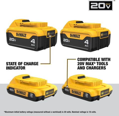 DEWALT 20V MAX Lithium Ion Battery, 2 Ah and 4 Ah, 4-Pack, Fuel Gauge LED Charge Indicators (DCB324-4)