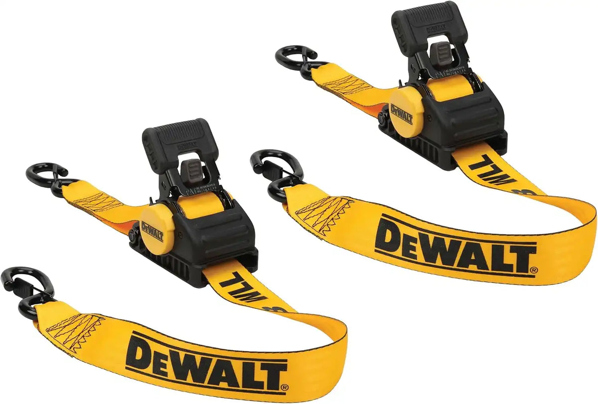 DEWALT DXBC9002 Black/Yellow 2” x 10’ Auto Retractable Ratchet Straps - 1,100 lb Safe Working Load / 3,300 lb Break Strength, 2 Pack