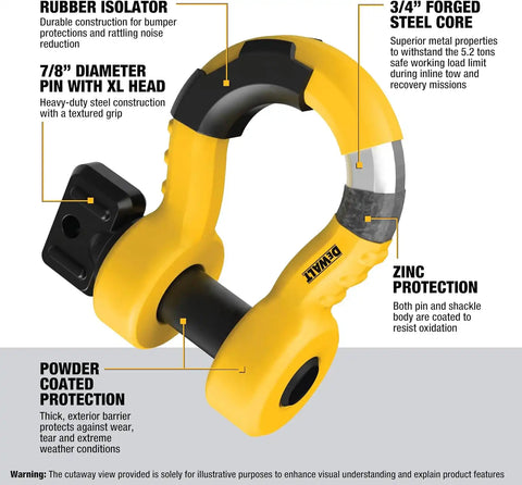 DEWALT DXBC8000 Black/Yellow 3/4" Bow Shackle with 7/8" Pin (10,400 lb Work Strength) - Towing, Winching, Vehicle Recovery