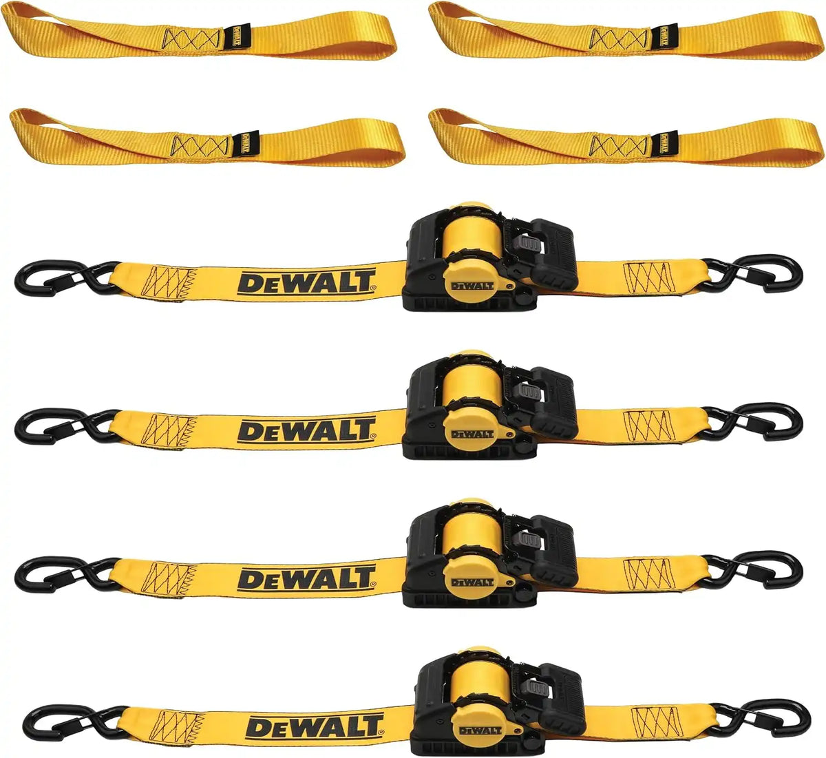 DEWALT DXBC9002-2X 8-Piece Kit with 2” x 10’ Auto Retractable Ratchet Straps (3,300 lb Break Strength) and 1.7" x 18" Premium Soft Loops (11,000 lb Break Strength)