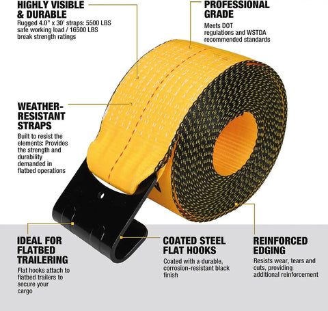 DEWALT DXBC90089-10PK Black/Yellow 4" x 30' Winch Straps - 5,500 lb Safe Working Load / 16,500 lb Break Strength, 10 Pack