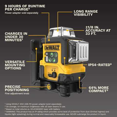 DEWALT Laser Level 360 Self Leveling, USB-C Rechargeable 3x360 Green Line Laser Leveler Tool, Fast Charging, 9 Hrs of Runtime, 1/8 inch Accuracy (DCLE14361GB)