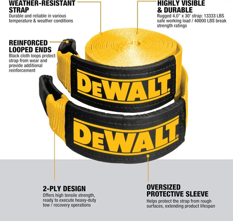 DEWALT DXBC40000 Black/Yellow 4" x 30' Recovery Tow Strap - 13,333 lb Safe Working Load / 40,000 lb Break Strength