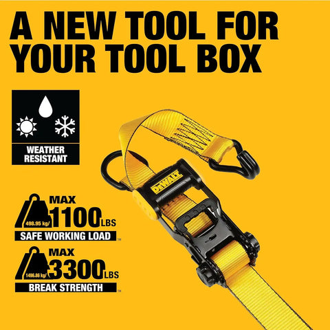 DEWALT DXBC33004 Black/Yellow 1.5" x 16' Ratchet Tie Down Straps - Mid-Weight Cargo Hauling (3300 lb Break Strength), 4 Pack